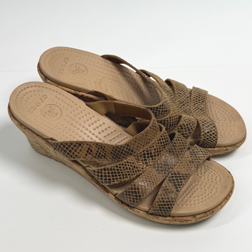 Crocs A-Leigh Leather Snake Print Wedge Sandals Brown Tan Neutral Womens 10 Shoe